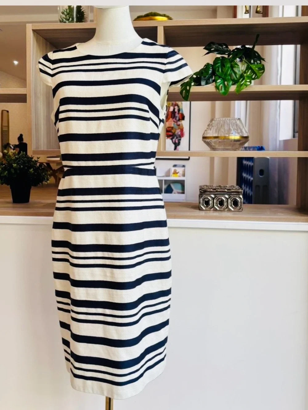J. Crew Navy and White Striped Midi Sheath Dress